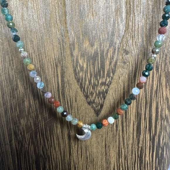 Indian Agate Beaded Necklace with Sterling Silver Crescent Moon Charm - Picture 7 of 9